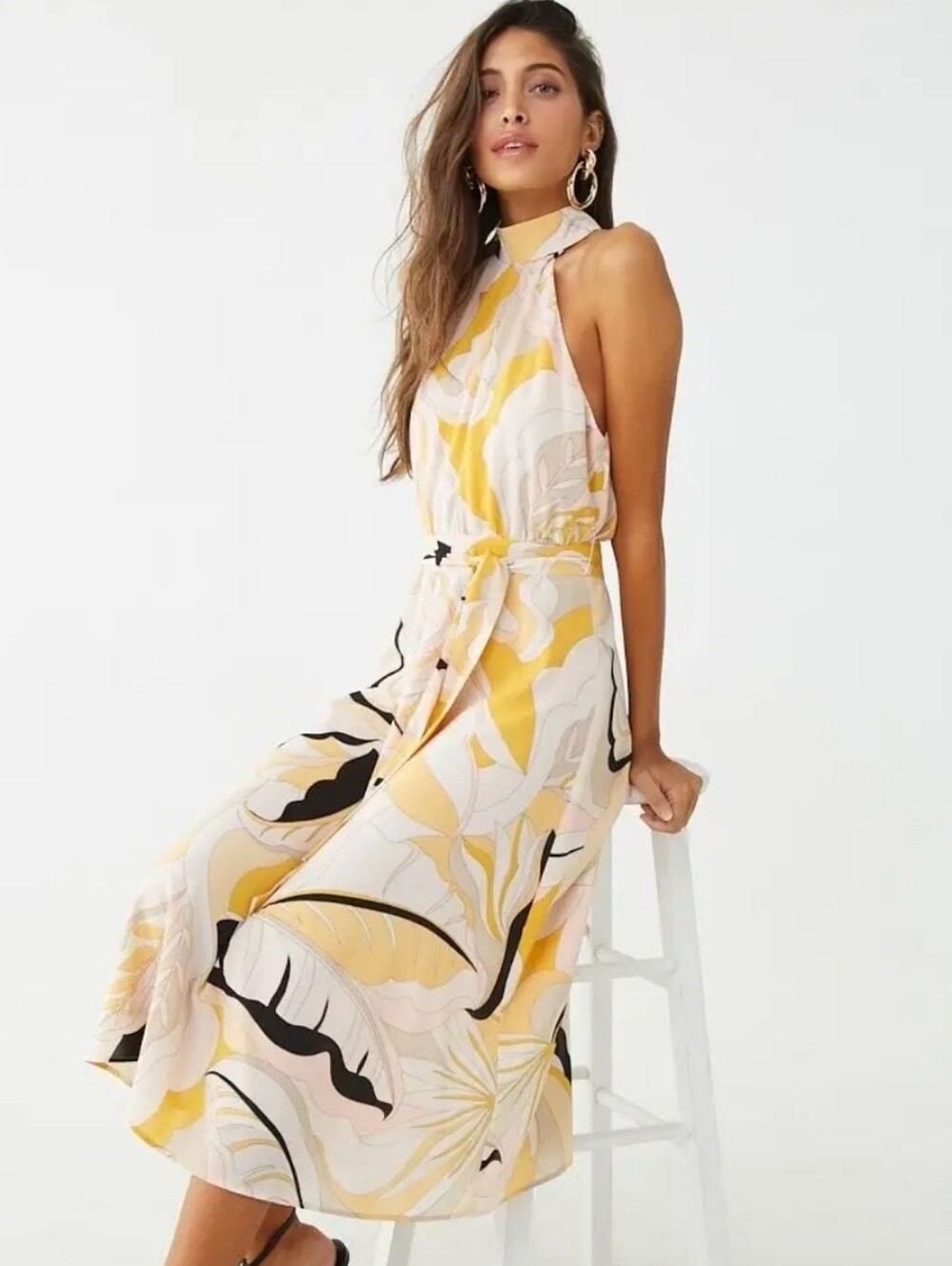 Forever 21 Yellow Floral Halter Midi Dress with Abstract Print